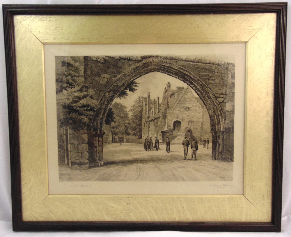 A late 19th century framed and glazed monochromatic etching of The Arch at Repton Public School,