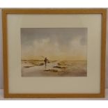 Michael Aubrey framed and glazed watercolour of a fisherman on a beach, signed bottom right, 25 x