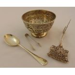 A silver hallmarked sugar bowl, Sheffield 1902, a pair of white metal cake servers a silver