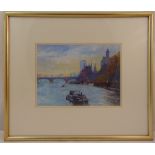 Michael Aubrey framed and glazed oil painting titled Barge on the Thames, signed bottom left, 28 x