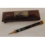 A Victorian propelling pencil, piquet body with turquoise slide, carved seal terminal in fitted