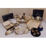 A quantity of silver plate to include Mappin and Webb cased salvers, coffee pots and condiments