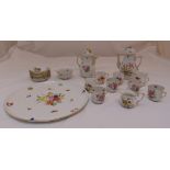 Herend coffee set decorated with fruits and flower to include cups, saucers, a coffee pot, hot
