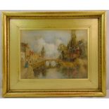 Louis Burleigh Bruhl framed and glazed watercolour of a Dutch canal with a church and a bridge,