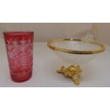 A hobnail cut glass circular bowl with gilded metal mounts and triform base and a cylindrical