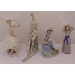 Three Lladro figurines of girls and Nao figurine of a Jester, tallest 37cm