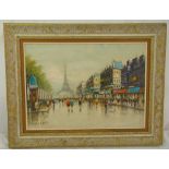 Antonio Devity framed oil on canvas street scene of Paris, with Eiffel Tower in the background,