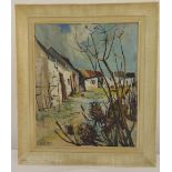 Kenneth Webb framed oil on panel of cottages, signed bottom left, gallery label to verso, 60 x 50cm,