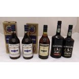 Three 70cl bottles of Martell cognac and two bottles of Ferreira port (5)