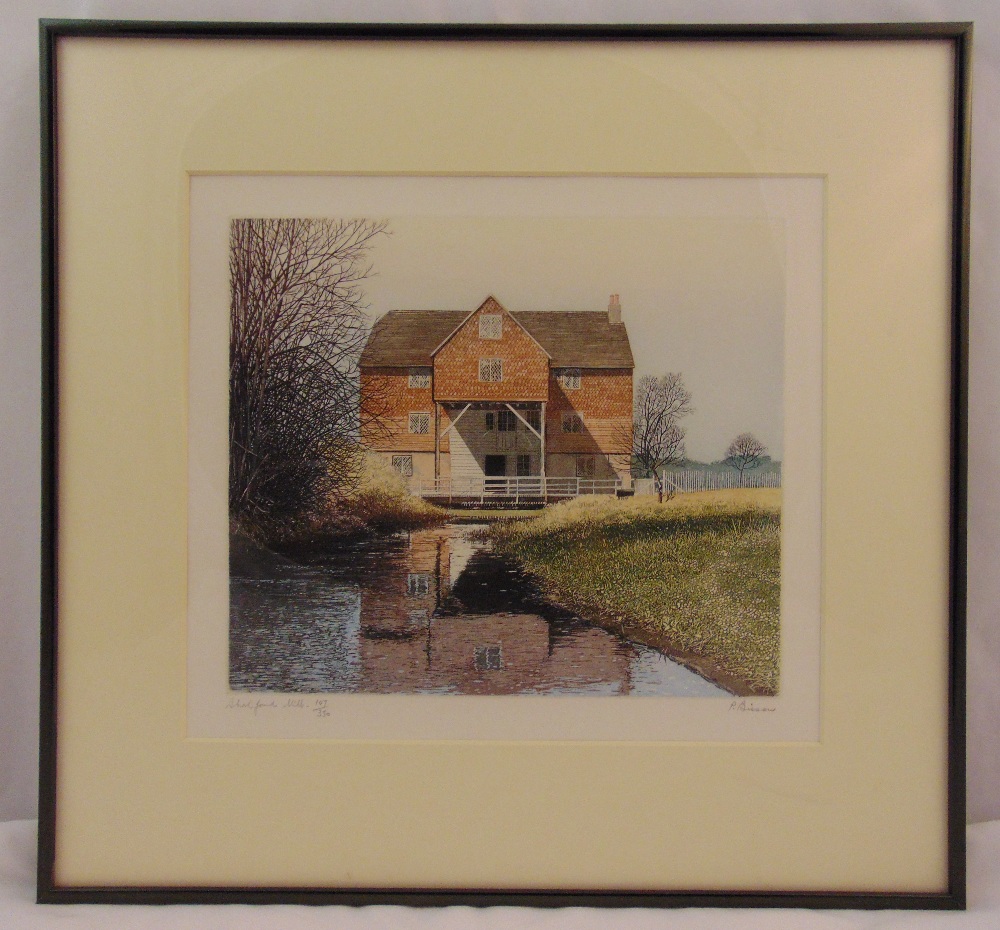 Paul Bisson framed and glazed coloured etchings of Shalford Mill, details to verso, 26 x 30.5cm