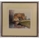 Paul Bisson framed and glazed coloured etchings of Shalford Mill, details to verso, 26 x 30.5cm