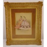 A framed and glazed French fashion display of two ladies in silk dresses, 45 x 38.5cm