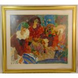 A framed and glazed limited edition print of figures in an interior scene, signed bottom right, 84 x