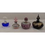 Four glass perfume bottles, three with hallmarked silver overlays, tallest 11cm (h)