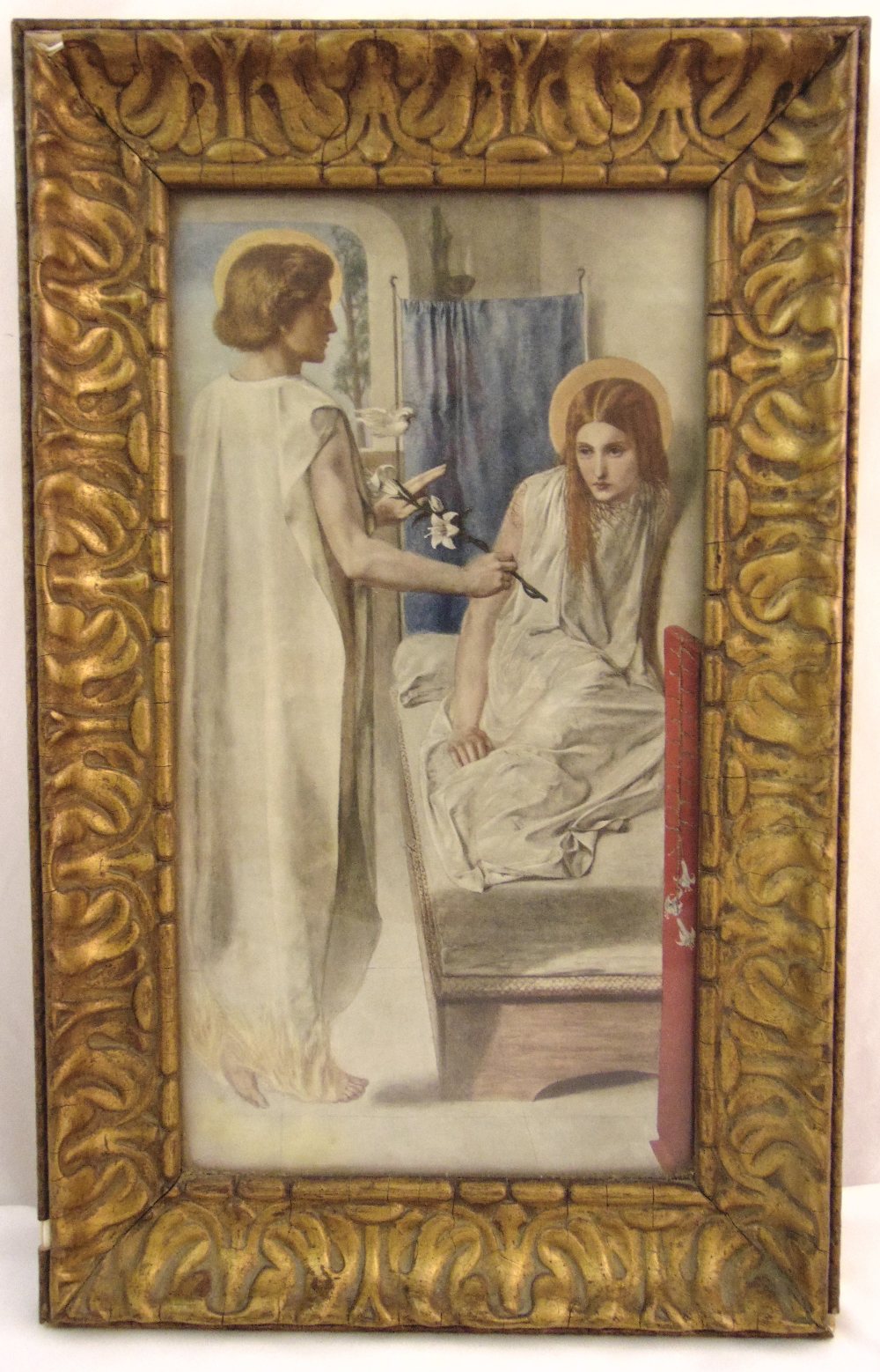 Dante Gabriel Rossetti framed and glazed polychromatic print, The Annunciation monogrammed bottom