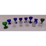 A quantity of Victorian Bristol blue, green and clear eye baths of customary oval form (13)