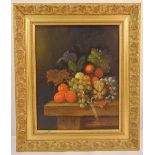 D Canut framed oil on canvas still life of fruit on a table, signed bottom right, 40 x 32cm, ARR