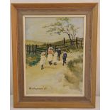 Margaret Chapman framed oil on panel of children walking on a country path, signed bottom left, 50 x