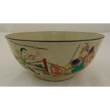 A Chinese Kangxi famile verte bowl, decorated with warriors to the side, six character marks to