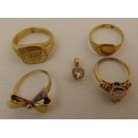 Four 9ct gold rings and a pendant, approx total weight 14.9g