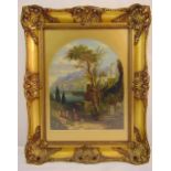 A framed and glazed oil painting of a figures in an Italian landscape, 32 x 26cm