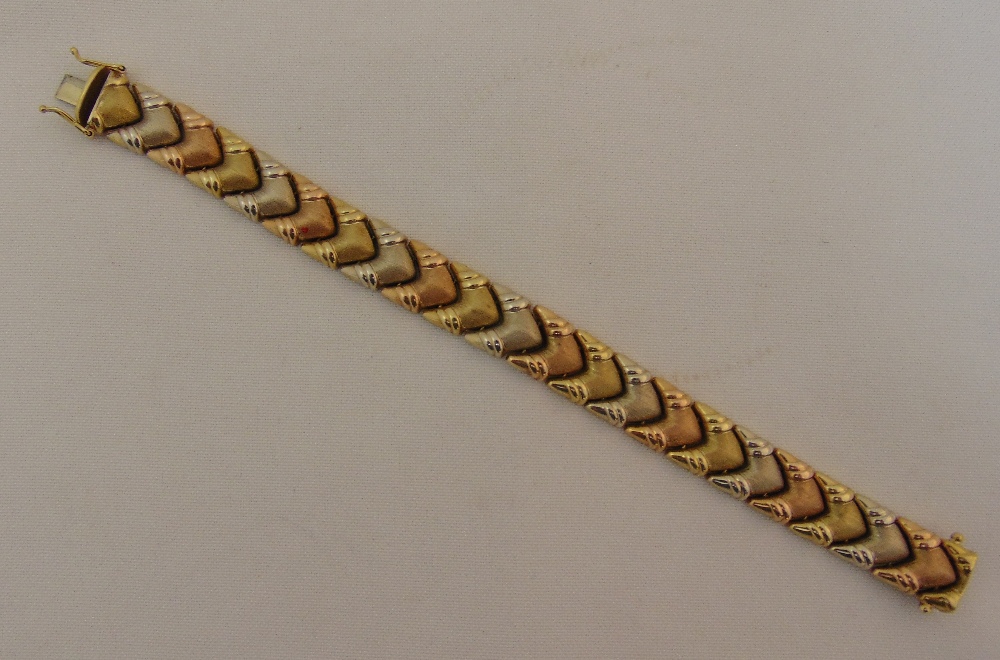 9ct gold three coloured gold bracelet, approx total weight 25.4g