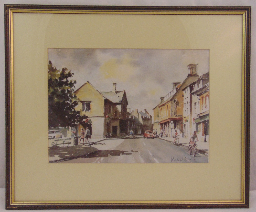 Michael Aubrey framed and glazed watercolour of houses and figures on a roadside, signed bottom