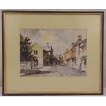 Michael Aubrey framed and glazed watercolour of houses and figures on a roadside, signed bottom