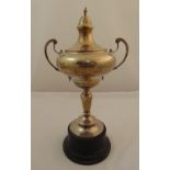 Silver two handled trophy cup and cover on raised circular base, Birmingham 1936, approx total