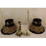 A pair of porcelain table lamps with detachable decorative shades, tallest 57cm (h)