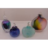 Four coloured glass perfume bottles, of varying form all with drop stoppers, one A/F, tallest