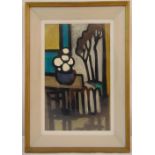 Markey Robinson framed oil on canvas of a table and chairs, signed bottom left, gallery label to