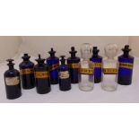 A quantity of 19th century apothecary bottles with gilt cartouches and drop stoppers (10)