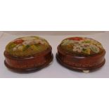 A pair of Victorian circular upholstered foot stools on three bun feet, 13 x 27cm