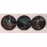 Three Oriental reverse glass painted images of females in circular frames, 34cm (dia)