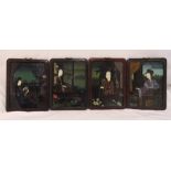 Four Oriental reverse glass painted images of females in interior settings all in rectangular