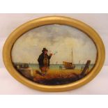 An early 19th century framed reverse glass painted oval image of a man smoking a pipe on the