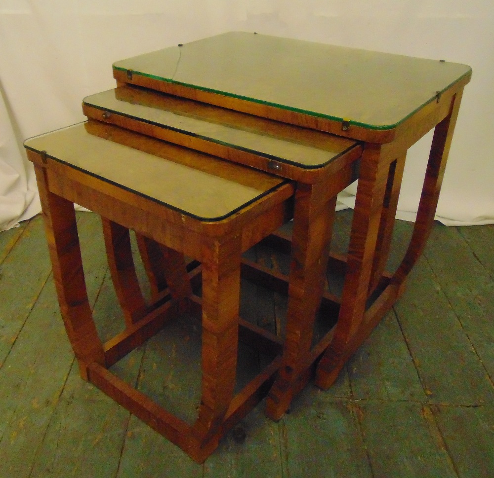 An Art Deco nest of three tables with glass tops, 52.5 x 53.5 x 39.5cm