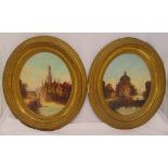 A pair of framed oval oil on canvas Dutch cityscapes circa 1800, 53 x 42.5cm