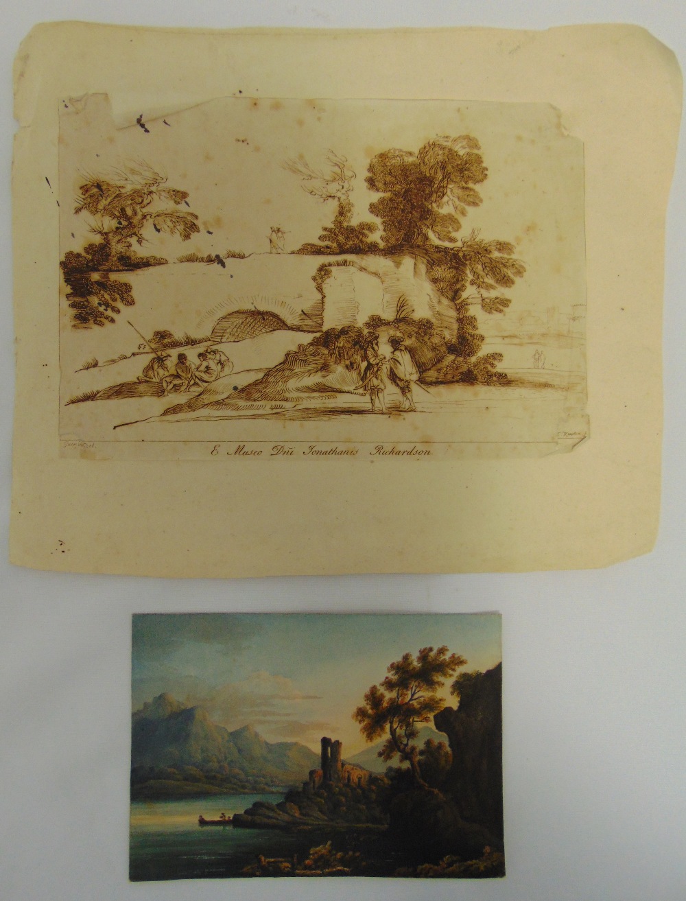 An 18th century pen and ink drawing of figures in a classical landscape, 26 x 19cm and a 19th