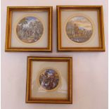 Three framed and glazed ceramic pot lids of figures in traditional settings, 17 x 16cm