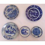 Five Chinese blue and white plates of various designs, largest 23cm (dia)