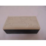 Elo Ware rectangular Art Deco Bakelite trinket box with relief carved pull off cover, 16.5 x 6 x 8