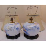 A pair of ceramic table lamps, bombe form decorated with birds on branches with detachable silk