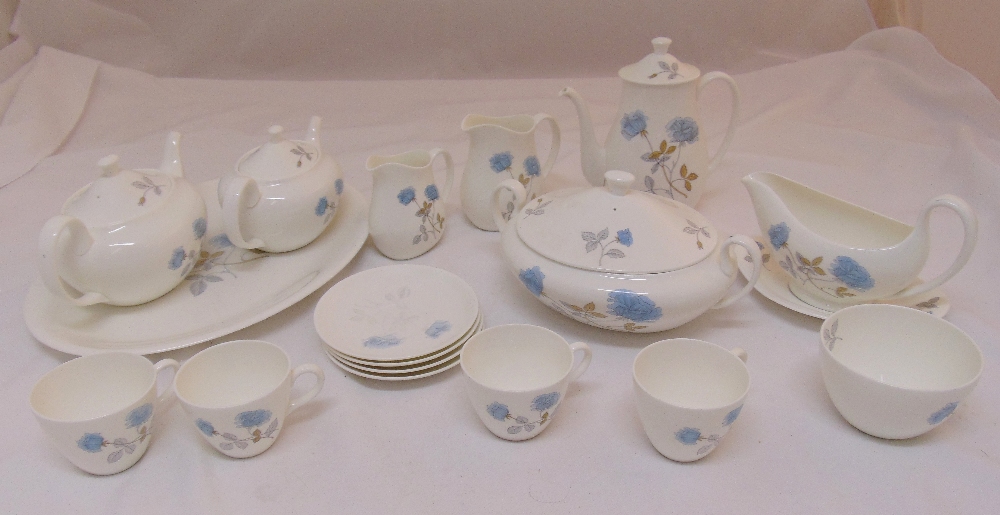 Wedgwood Ice Rose dinner and teaset to include serving dishes, coffee pot, cups and saucers