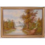 I Cafieri framed oil on panel of a river in a wooded landscape with a snow capped mountain in the