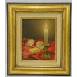 Bailey framed oil on canvas still life of a candle with bread and cheese, signed bottom left, 24 x