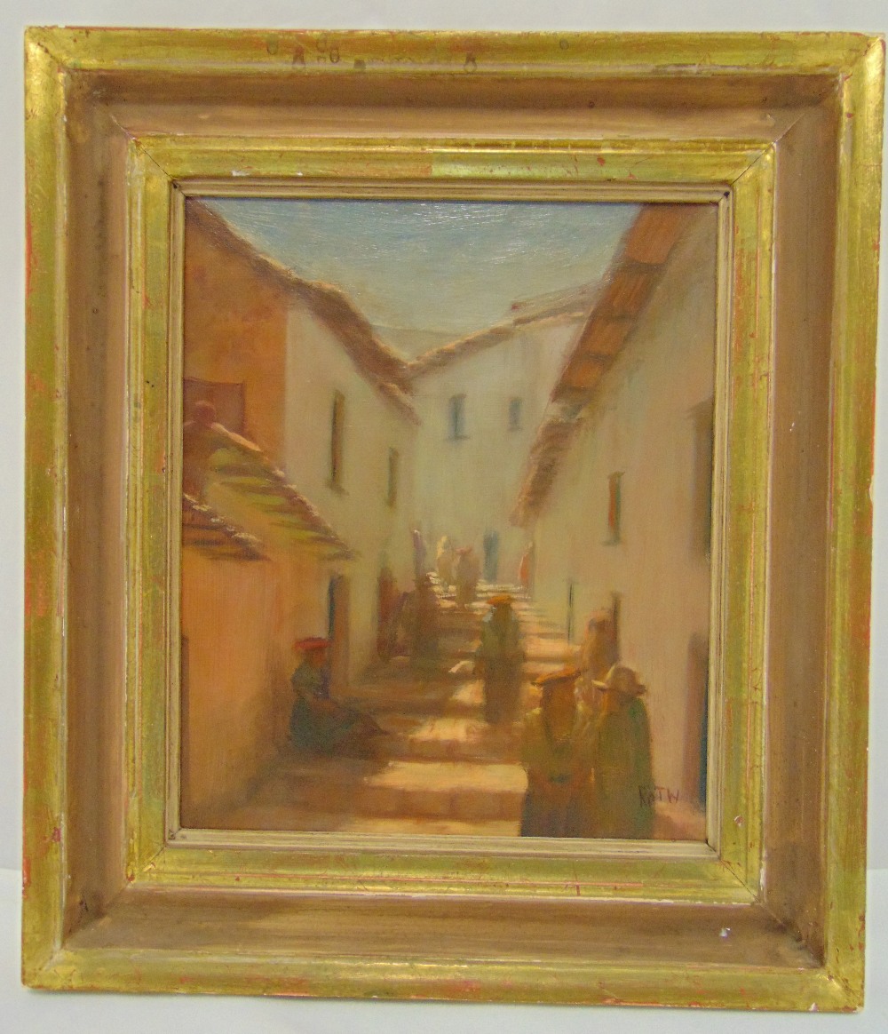 Pip Todd-Warmoth framed oil on panel titled Street Scene Peru monogrammed bottom right, details to