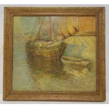 R D Pasquoll framed oil on canvas of a sailing boat moored at a dock, signed bottom right, 49.5 x
