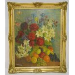 Constance Pratt framed oil on panel still life of fruit and flowers, signed bottom left, 75.5 x